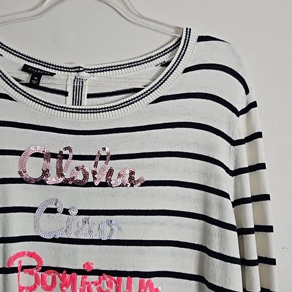 TALBOTS Ivory Hello Sequin Button-Back Crewneck Sweater Medium Black Striped - Picture 5 of 12